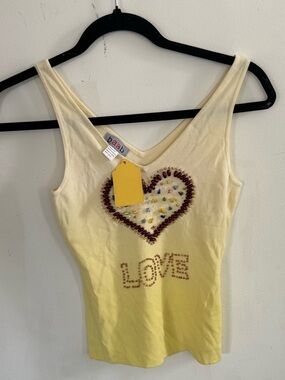 Vintage Y2K Yellow Beaded Heart 'LOVE' Tank Top